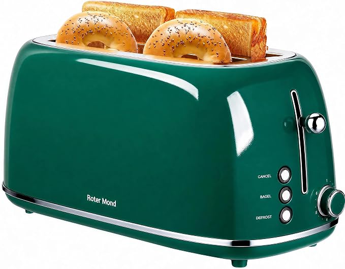 Roter Mond 4 Slice Toaster Retro Stainless Steel Toaster with Bagel, Cancel, Defrost Function and 6 Bread Shade Settings Bread Machine, Long Extra Wide Slots and Removable Crumb Tray, Green