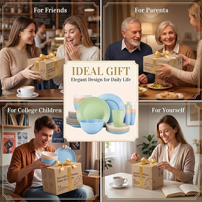 PYRMONT 40 Piece Unbreakable Plate and Bowl Set Wheat Straw Dishes Set for 8-Reusable Plates,Microwave Safe Bowls for Dorm Room,RV Essentials,Dishwasher Safe Kitchen Cups Set-Multilight
