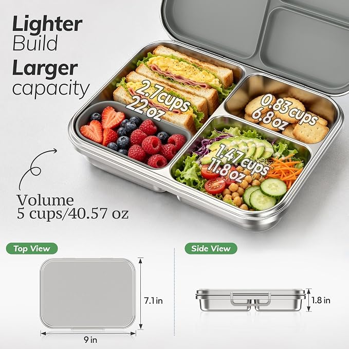 Stainless Steel Bento Lunch Box for Kids and Adults,3 Compartment Meal Lunch Box with Detachable Silicone Lid,Leak-Resistant Food Container with Snack Cup for School,BPA-Free(Grey)