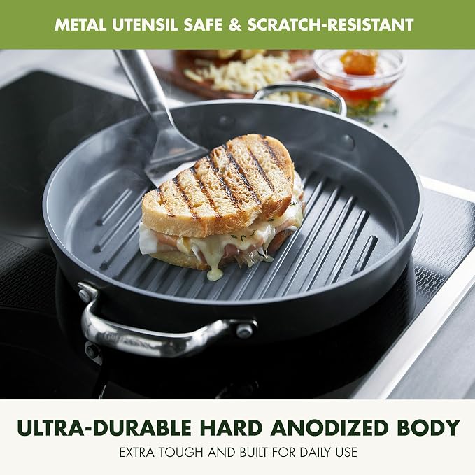 GreenPan Valencia Pro 11" Ceramic Nonstick Grill Pan, Hard Anodized | PFAS-Free Nonstick, Induction Ready, Compatible with all Stovetops, Hard Anodized, Gray, Dishwasher Safe, Oven Safe to 600F