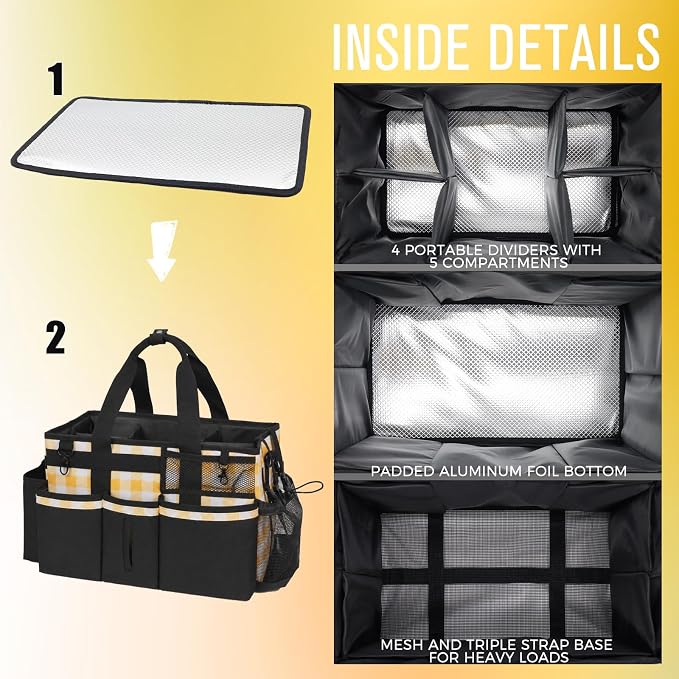 SCAVATA Wearable Cleaning Caddy, Cleaning Caddy Supplies Organizer with Handle & Shoulder Straps for Housekeepers, Under Sink & Car Cleaning Tool Organizers Bag with 4 Foldable Divider (YellowPlaid)