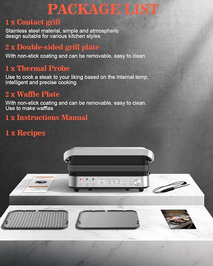 CATTLEMAN Panini Press Grill Sandwich Maker with Removable Plates, 1600W, 5 in 1 Smokeless Indoor Grill & Griddle with Meat Thermometer, Electric Contact Grills for Kitchen, Stainless Steel