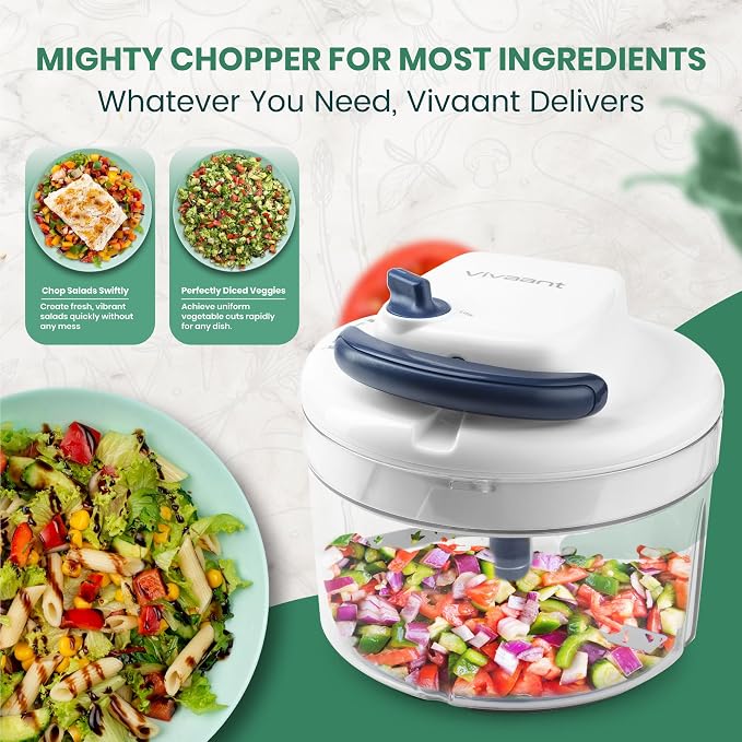 Vivaant Hand Pull Manual Food Chopper, Onion Chopper Vegetable Cutter Dicer | Nut & Garlic Chopper for Kitchen, 2 Speed Stainless Blades, Small Hand Held Vegetable Dicer with Whisk Attachment
