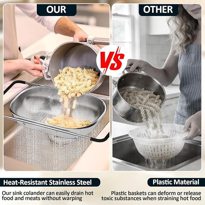 Over the Sink Colander - Strainers and Colanders - Sink Strainer Basket - Expandable Fine Mesh Strainer with Rubber Grip for Veggie, Fruits, Pasta, Home Kitchen Essentials (9.5W x 13.4-21.3L x 3.3H)