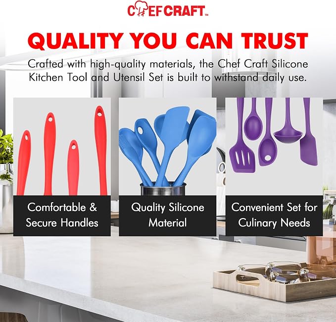 Chef Craft - Premium Silicone Kitchen Tools and Utensils Set, Non-Scratch, Withstands Temperatures up to 450°F, BPA-Free, 5 Piece Cooking Utensils Set, Gray
