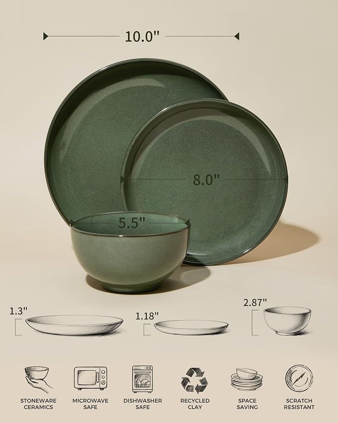 Stoneware Dinnerware Sets for 6, 18 Piece Microwave Safe Plate and Bowl Set, Easy to Clean & Durable Dishes Sets for Small to Medium Families, Forest Green