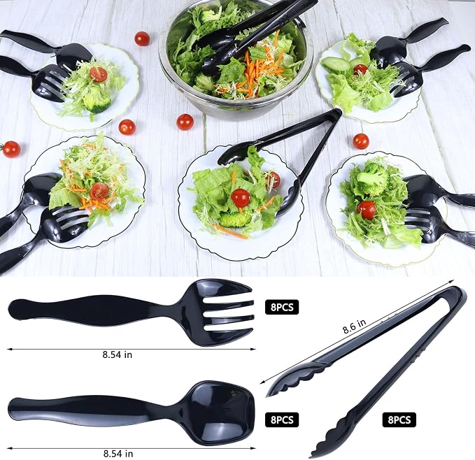 24Pcs Black Plastic Serving Utensils, Spoons Forks and Tongs Set | Disposable party serving utensils for dinner parties, buffets, salad, noodles, soup and weddings, black serving supplies
