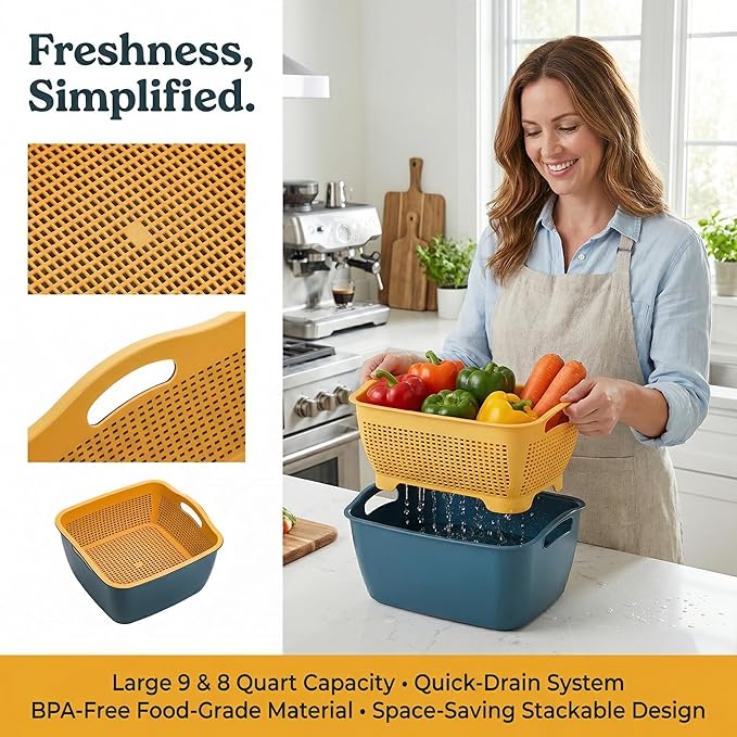 2 Pack 9 & 8 Quart Large Kitchen Strainer Colander Bowl Set, Double-Layer Plastic Fruits Vegetable Washing Basket, Drain Bowls for Cleaning Washing Mixing, Detachable (Blue, Orange)