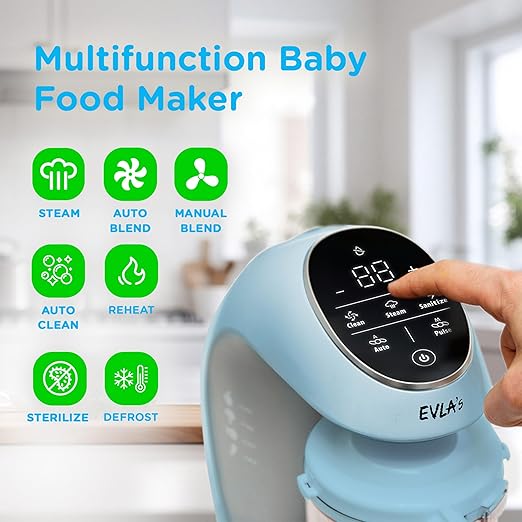 EVLA'S Baby Food Maker, Steamer, Blender, Baby Food Processor for Healthy Homemade Baby Food in Minutes, Touch Screen with 6 Reusable Food Pouches, Baby Registry Essential, Blue | Blend, Grind, Steam, and Cook Homemade Baby Food, Self Cleaning Machine ...