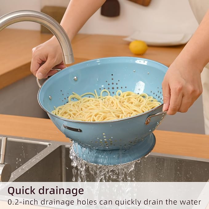 Metal Colander 2 Pack, Strainer Bowel with Handles 2Qt & 6Qt Powder Coated Solid Ring Base Heavey Duty Kitchen Drainer Basket for Pasta Veggies and Fruits,New Home Apartment Essentials (ArcticBlue)