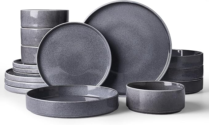 Famiware Annecy 16-Piece Stoneware Plates and Bowls, Misty Blue | Reactive Glaze Dinnerware Set with Pasta Bowls, Service for 4 - Chip & Scratch Resistant, Microwave & Dishwasher Safe