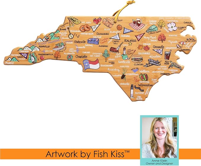 Totally Bamboo North Carolina State Shaped Cutting Board, Art by Fish Kiss | State charcuterie board with colorful hand-drawn map artwork. Smooth reverse side for food prep. Hang tie for wall display.