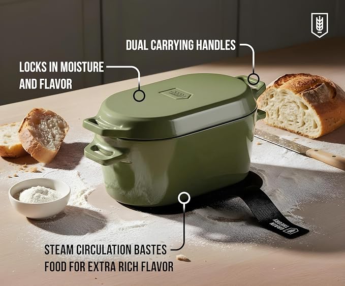 KooK Oval Dutch Oven, for Bread Baking, Sourdough Loaf Pan, Dual Handles, Enameled Cast Iron, with Sling, Dishwasher Safe, 3.4 Qt, Sage Ombre