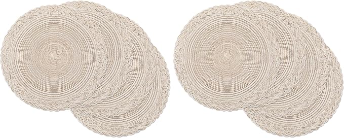 SHACOS Round Placemats Set of 4 Boho Braided Border 15 inch Circle Place Mats Washable Fabric Table Mats for Kitchen Dining Table, Ivory (Pack of 2)