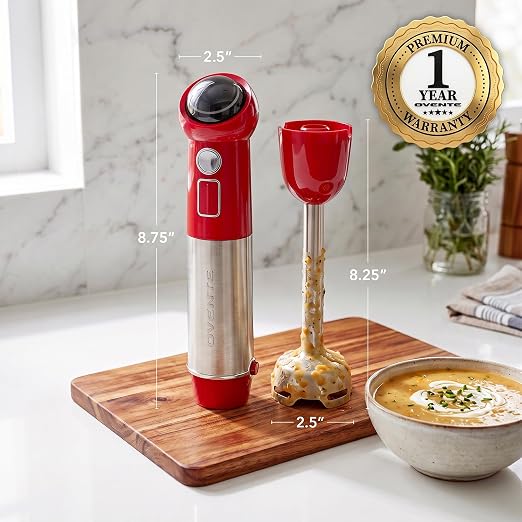 OVENTE Cordless Immersion Hand Blender, 300W Rechargeable Red HR995R | Handheld Portable Mixer with Speed Pulse Activating Sensor and Stainless Steel Blades for Smoothies, Shakes, or Baby Food