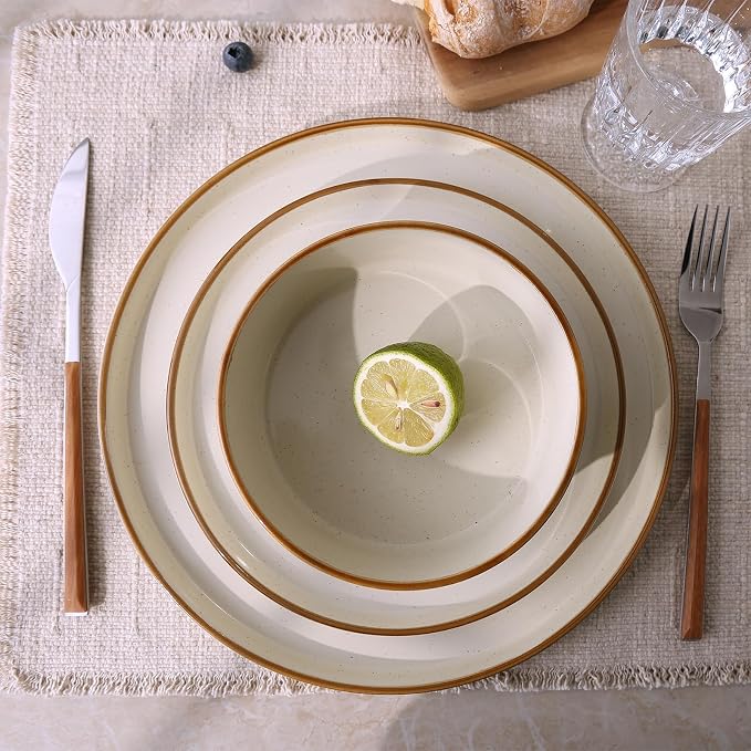 Famiware Nebula 24-Piece Dinnerware Set, Vanilla White with Brown Rim | Stoneware Dish Set for 8, Plates and Bowls, Microwave and Dishwasher Safe, Chip and Scratch Resistant