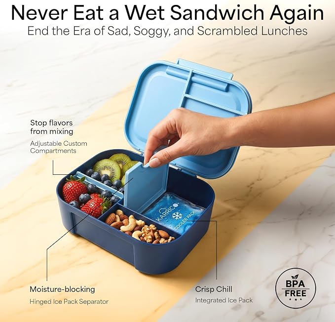 Leakproof Bento Lunch Box, 3-Compartment, Extra Large, Navy & Blue | 3-Compartment Design, Leakproof , Extra Large Capacity, Adjustable Divider, Includes Cooler Pack, Dishwasher Safe, Reusable