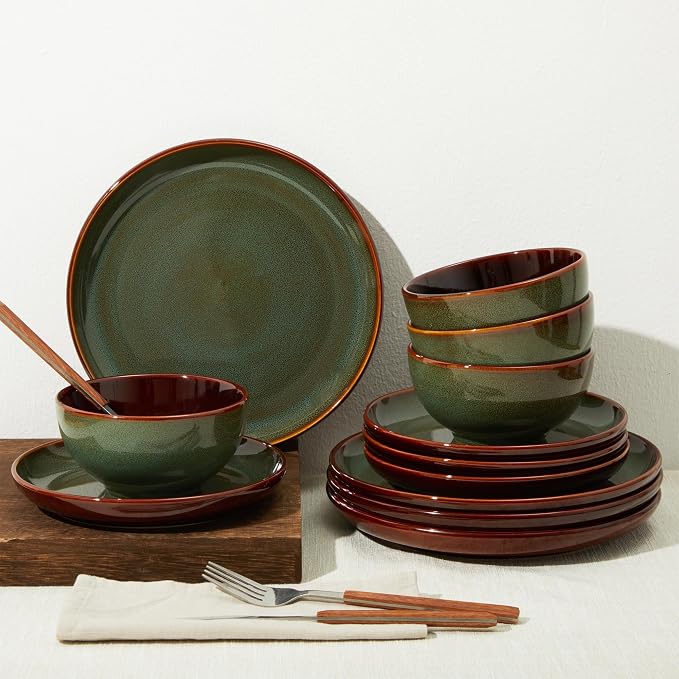 Stoneware Dinnerware Sets, Ceramic Plates and Bowls Set, Microwave & Dishwasher Safe Kitchen Dishes, Modern Dinner Salad Plates | Cereal Bowls, Dishware Sets Service for 4 Sage Green