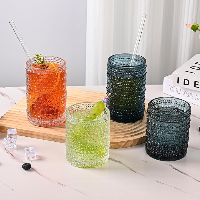 ZMOWIPDL 12oz & 15oz Hobnail Drinking Glasses,Blue Glass Cups Set of 8 | Vintage Highball Glassware，Kitchen Drinkware，Embossed Water Tumbler,for Beer,Cocktail,Whiskey,Juice,Various Mixed Drinks