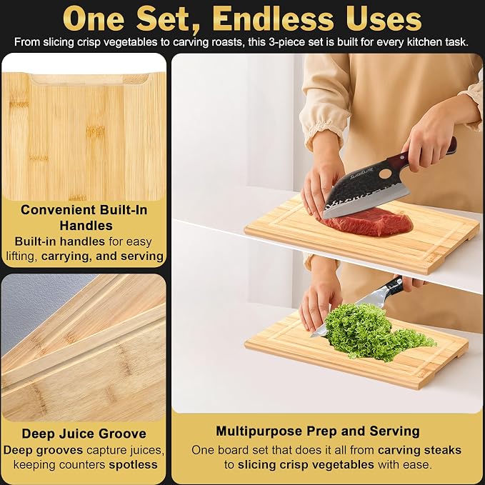 SliceElite Bamboo Cutting Board Set of 3 Wooden Cutting Boards for Kitchen with Juice Grooves Side Handles Bamboo Chopping Boards for Meat Vegetables Fruit Bread Charcuterie Meal Prep Serving Tray Set