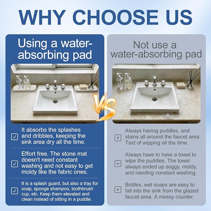 2-Pack Large Size Water Absorbing Stone Sink Caddy, Coaster | Instant dry stone tray and stone sink organizer with rust-free feet on rubber pads, free from scratches.