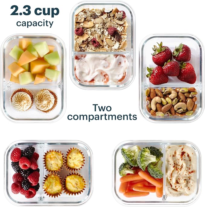 Pyrex Glass Meal Box (5-Pack, 2.3 Cup) Divided Compartments, Locking Lids | For meal prepping and portioning, BPA-Free, microwave & dishwasher safe