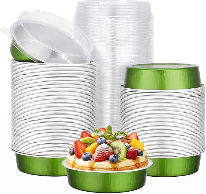 Beasea Mini Pie Pans with Lids, 120 Pack 7.3oz Avocado Green Disposable Aluminum Foil Pie Tart Baking Cups Tins, 4 Inch Mini Cake Pans Individual Dessert Containers Oven Dishes for Tart Cheesecake