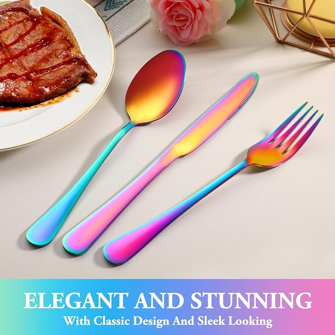 24 Pcs Rainbow Silverware Set with Steak Knives, Stainless Steel Flatware Cutlery Set for 4, Kitchen Tableware Sets, Utensil Sets for Home and Restaurant, Dishwasher Safe
