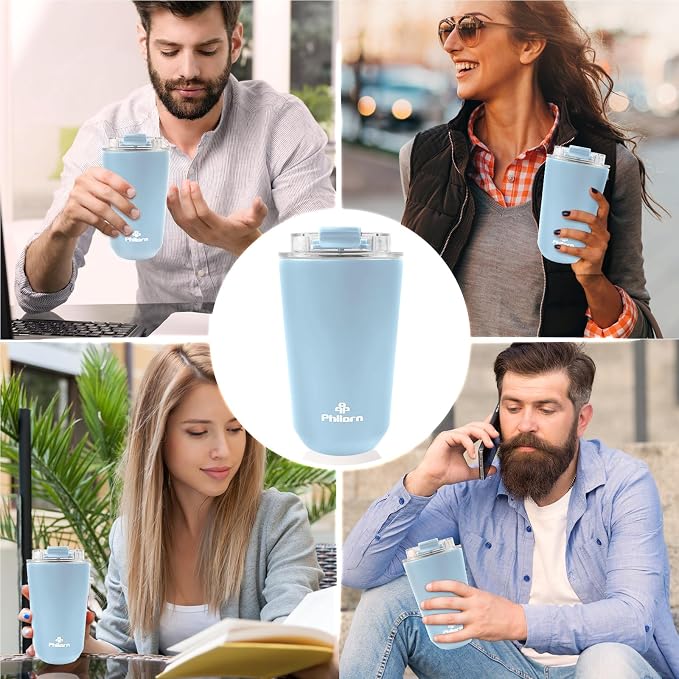 PHILORN Travel Coffee Mug 12 OZ Tumbler, Insulated Coffee Mug with Lid | Coffee Thermos for Hot & Cold Drinks, Leak Proof Coffee Tumbler with Double Wall (LIGHT BLUE)