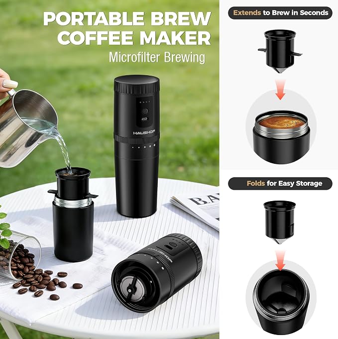 HAUSHOF Travel Coffee Maker,Coffee Grinder for Home,Camping | Hot & Cold Insulation;5 Adjustable Grind Levels;Grind & Brew in One;Portable Cordless Design