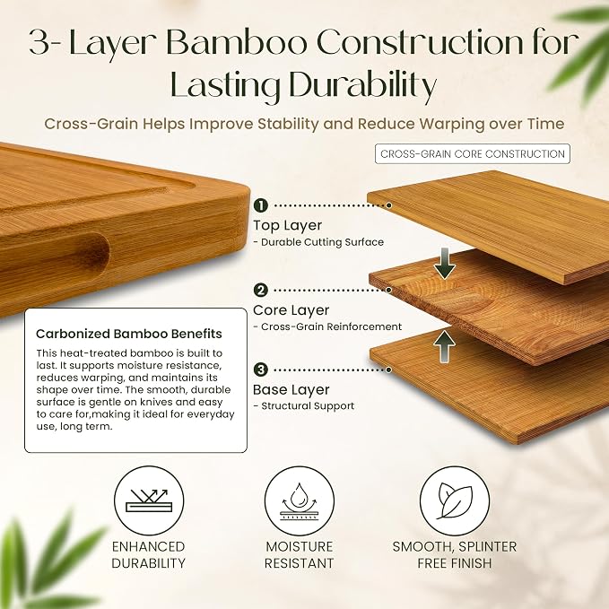 3-Piece Bamboo Cutting Boards - Groove, Handles, 15/12/9" - Carbonized | Bamboo boards with elegant dark finish, reversible prep and serving surfaces
