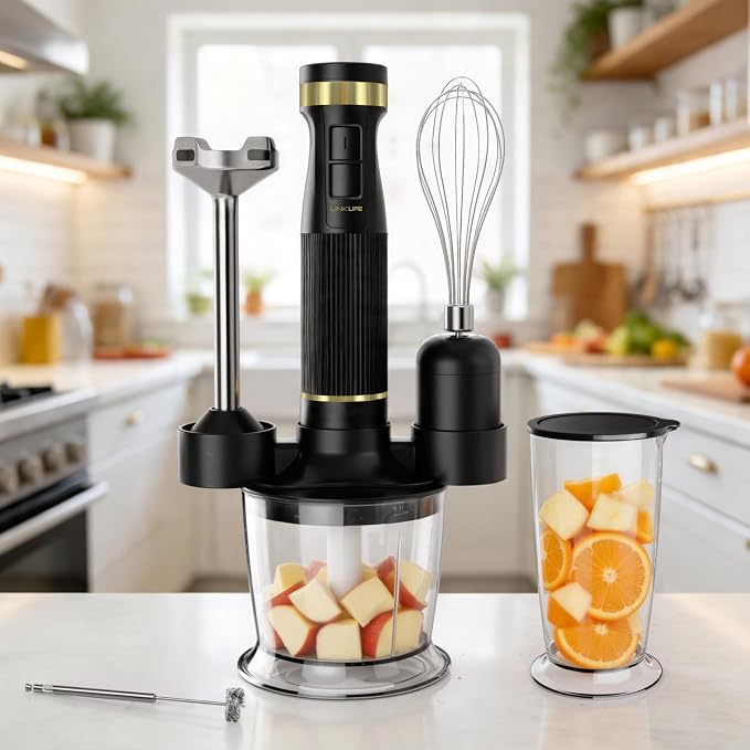 1200W Immersion Blender Handheld, 5-in-1 Variable Speed | Hand Blender Stick with Whisk Chopper Milk Frother Mixing Cup and Storage Rack for Kitchen Soup, Purees and Smoothies