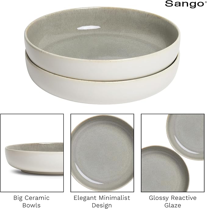 SANGO Resona Moss Large Serving Bowl (Set of 2), 64.25 oz, 10" Stoneware Bowls for Pasta, Salad & Dinner, Big Ceramic Bowls for Entertaining with Glossy Reactive Glaze, Dishwasher & Microwave Safe