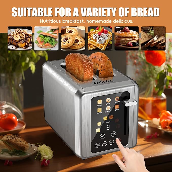 WHALL Touch Screen Toaster 2 Slice,Smart Digital Toaster with 1.5" Wide Slots,6 Shade Settings & 6 Bread Types,Memory Function,Countdown Timer,Brushed Stainless,Ideal Kitchen Gift & Essential