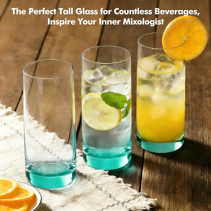Green Highball Glasses Set of 6, Drinking Glass for Mixed Drink | 13oz ,Cups for Cocktail, Beer, Mojito, Water and Juice,Thick Tall Glassware for Kitchen, Restaurant, Home Bar and Parties