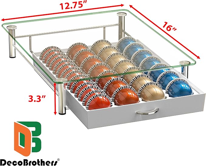 Deco Brothers Tempered Glass Vertuo Pod Holder, Fits 28 Large/56 Small Pods | Compatible with Nespresso Capsule, White