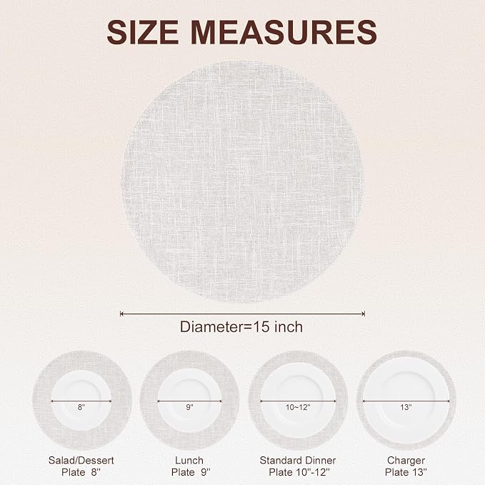 Cotton Linen 15 Inch Round Cloth Place mats, Set of 6, Beige | Washable Table Mats, Heat Resistant, Reversible, Wipeable Place Mats for Indoor Outdoor