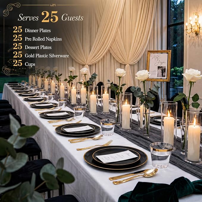 KIRE 175Pcs Black Plates Disposable - Heavy Duty Black and Gold Plastic Plates- 25 for Dinner 25 for Dessert 25 Pre Rolled Gold Silverware and 25 Cups for Graduation/Party/Wedding/Father's Day