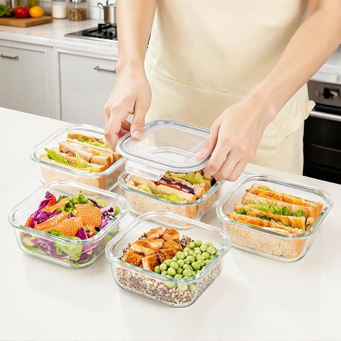 Vtopmart 5Pack 27oz Glass Food Storage Containers with Lids, Grey | Glass Meal Prep Container Sets, Sandwich Containers, Snap Airtight Lid For Microwave, Oven, Freezer and Dishwasher, BPA Free