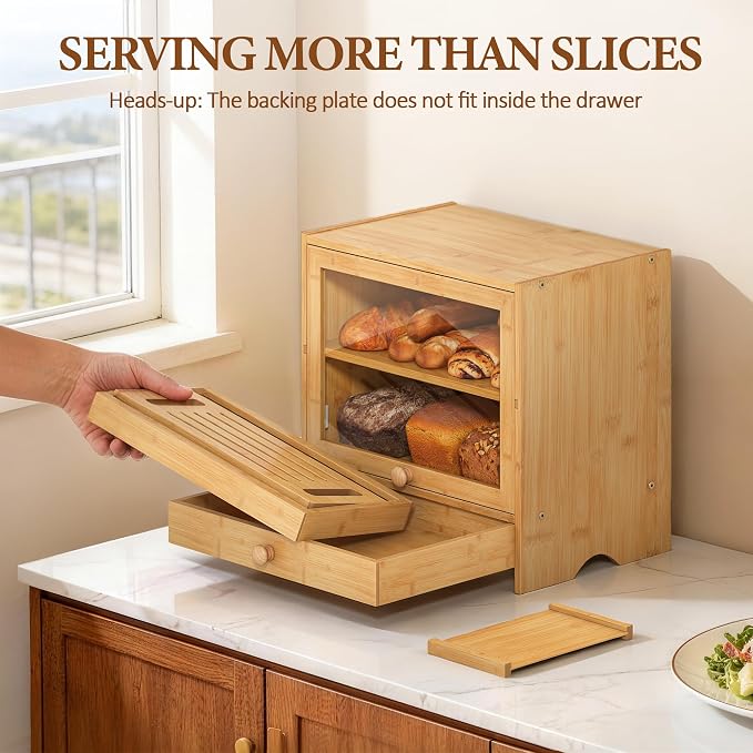 2 Tier Bread Box with Slicer and Cutting Board Extra Large | Bread Storage, Keep Bread Fresh, Bamboo, Large Capacity, Space-Saving, Acrylic Window, for Homemade Bread, Kitchen Storage