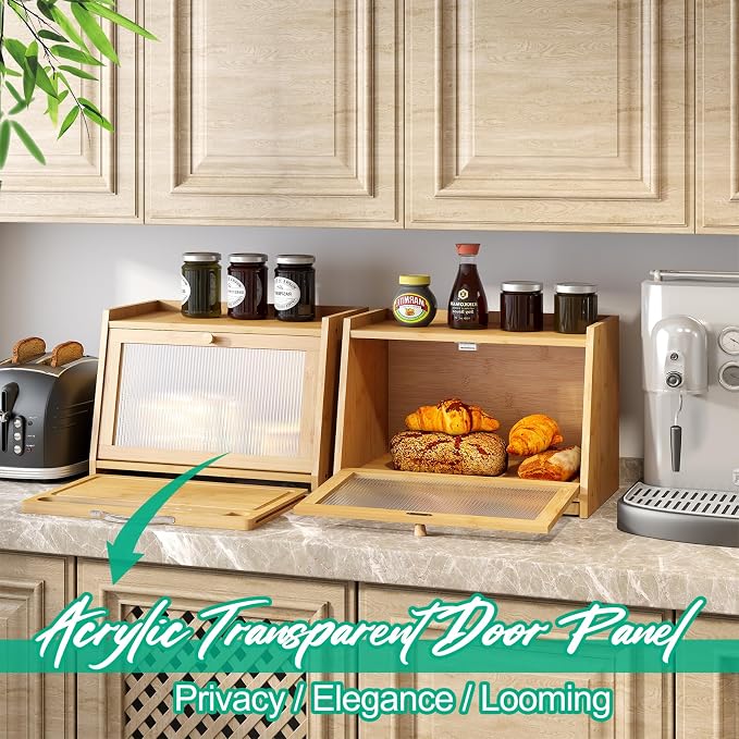 kiplant Bread Box with Cutting Board, Bamboo Bread Box for Kitchen Counter, Bread Storage Container with Wavy Arcylic Transparent Door (Natural)