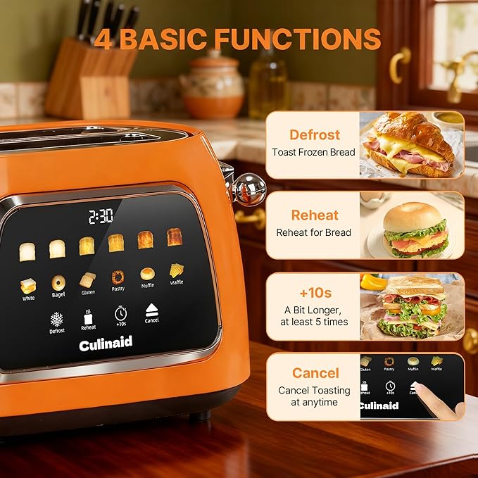 Toaster 2 Slice Smart Touch Screen, Retro 1.5'' Extra Wide Slot Stainless Steel Digital Bread Toaster with Memory Function, Bagel, Defrost, 6 Browning Level and Removable Crumb Tray, Orange