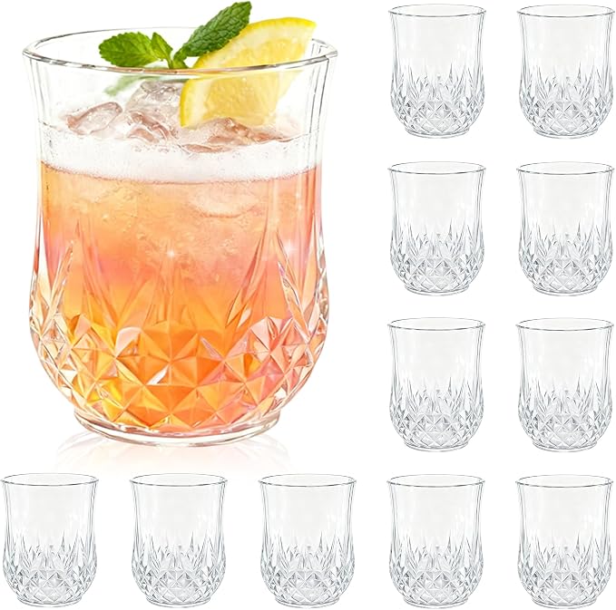 12 Pack Plastic Stemless Wine Glasses, 12oz Unbreakable Wine Cups | Reusable Fancy Vintage Drinking Glass Bulk for Cocktail, Whiskey, Juice, Elegant Decor for Wedding, Party & Holiday Events