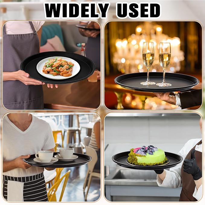 Zopeal 2 Pcs Bar Service Tray Round Plastic Non Slip,14" | For Waiter Server in Restaurant Cafeteria Bar, Raised Edges Prevent Spills, Cocktail Food Server, Textured Surface Grip