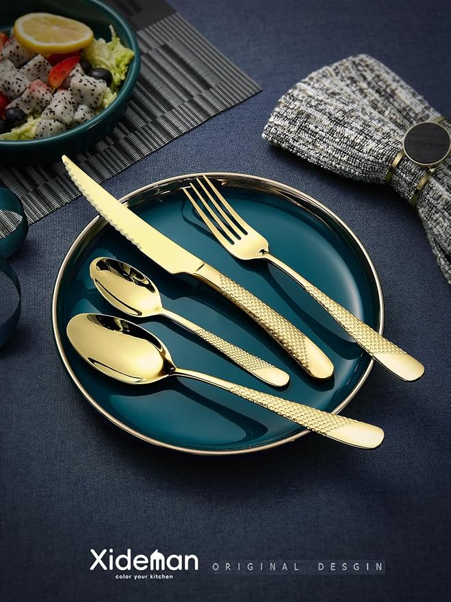 Xideman® 16-Pc Champagne Gold Hammered 18/10 Stainless Steel Silverware Set | Ultra Sharp 2-IN-1 Serrated Knives, Ergonomic Non-Slip Handles, Service for 4, Rust Resistant, Dishwasher Safe
