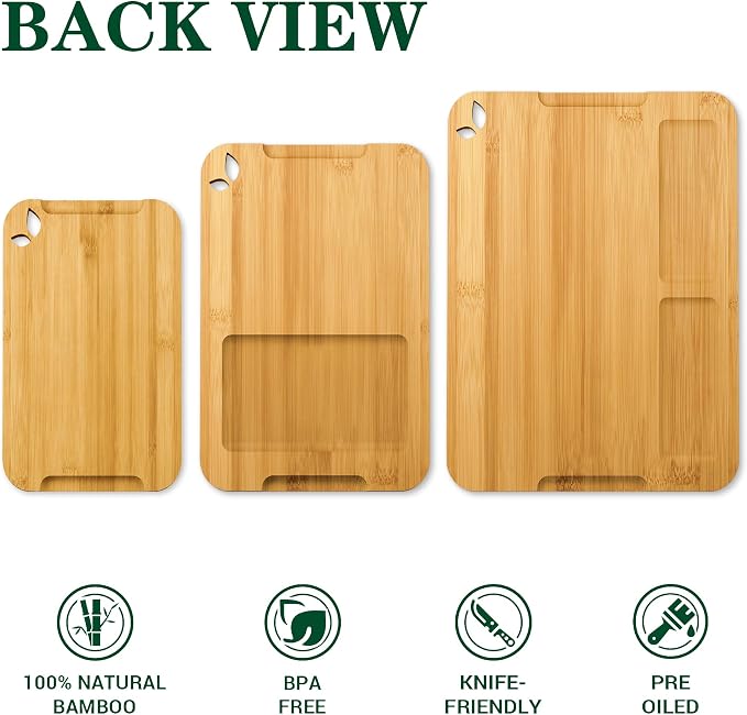 Bamboo Cutting Boards for Kitchen, Wooden Cutting Boards Set with Holder | Knife-Friendly Chopping Boards with Silicone Mat, Charcuterie Boards with Side Handles and Juice Grooves