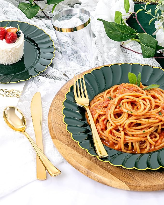 YOUBET 175PCS Green Scalloped Plastic Plates for Party Wedding | Green and Gold Disposable Dinnerware Set Include 50 Plates, 75 Gold Silverware, 25 Cups, 25 Napkins