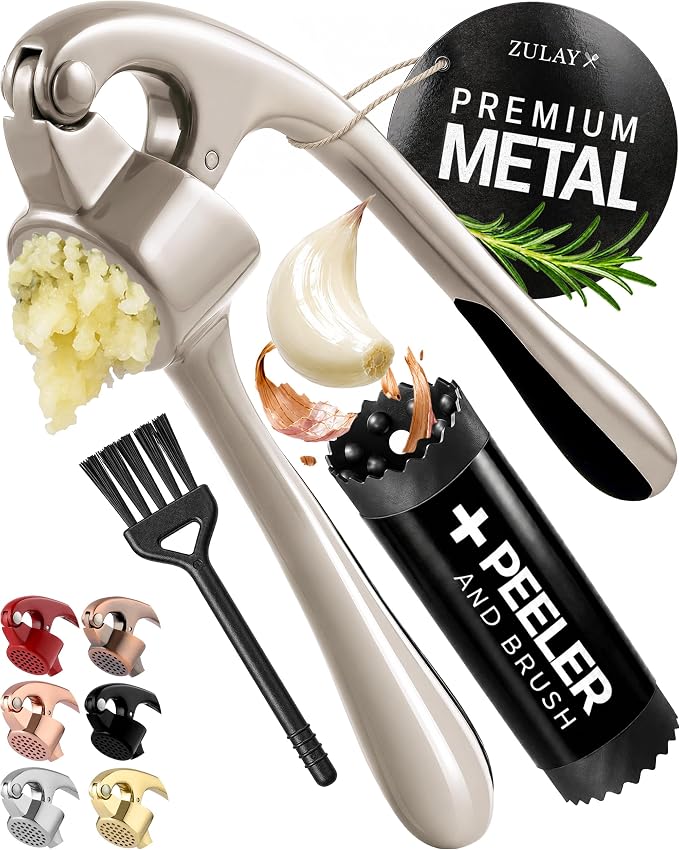 Zulay Kitchen Premium Garlic Press Set - Rust Proof Professional Garlic Mincer Tool - Easy-Squeeze, Easy-Clean with Soft, Ergonomic Handle - Silicone Garlic Peeler & Brush (Silver)