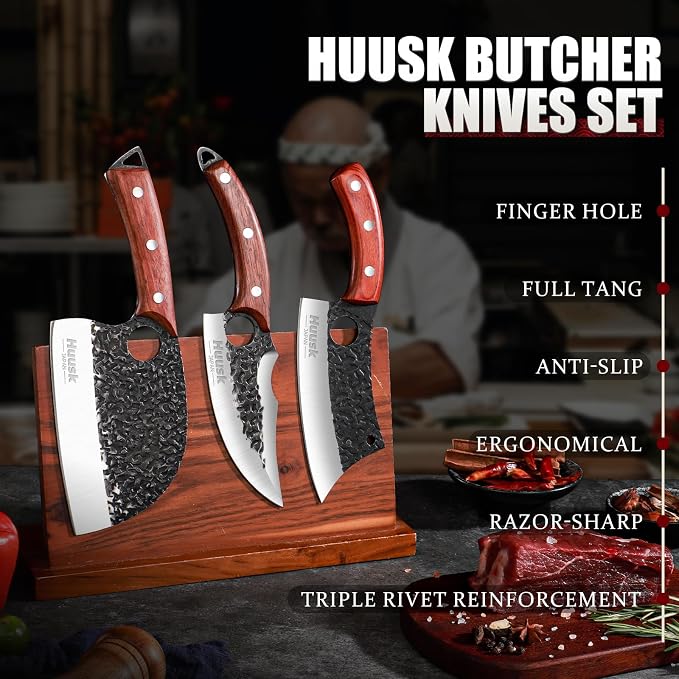 Huusk Kitchen Knife Set - Hand Forged Viking Chef Knives for Meat, Men Gift | Japanese High Carbon Steel Hand Forged, Butcher, Cleaver, Boning, Serbian Chef Knife, Rosewood Handle, for Home & Outdoor BBQ