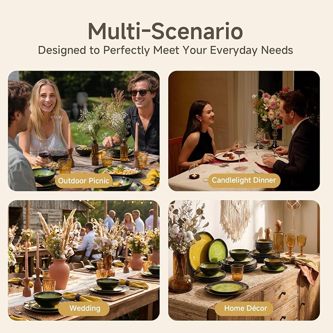 12-Piece Dinnerware Set for 4, Ice Crackle Glaze Plates & Bowls | Gradient Green to Black Ombre Dinner Dish Set, Microwave, Dishwasher & Oven Safe, Unique Holidays & Weddings Gift